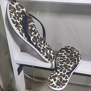 Tory Burch Animal Print Flip Flops with Black Straps